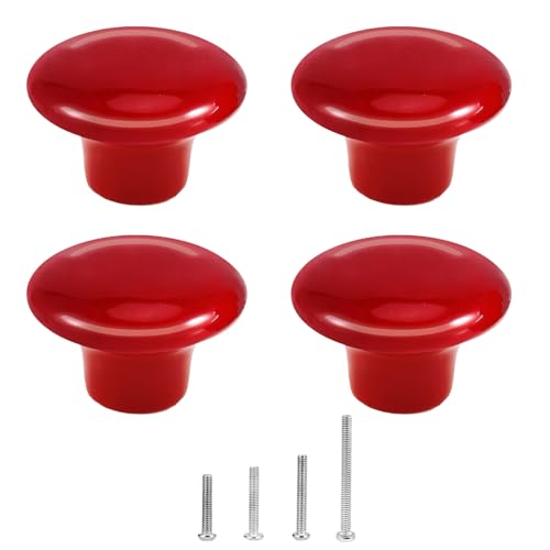 4 Pièces Bouton de Meuble en Céramique Ronde 32mm - Boutons de Portes pour Placards - Poignee De Meuble Cuisine avec 4 Tailles de Vis, Rouge