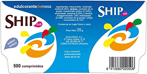 SHIP Bote 500 Comprimidos Edulcorante Base SACARINA ENDULZANTE 500grageas DULK, Plástico - Imagen 3
