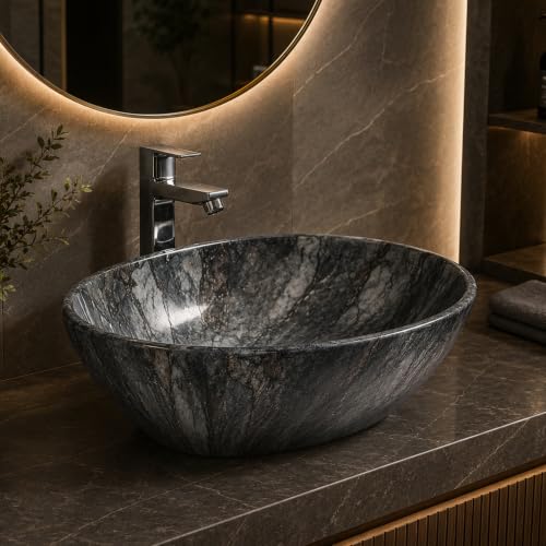 Image of Ceramic Tabletop Wash Basin - Glossy Bowl Shape Countertop Vessel Sink with Marble Finish for Bathroom & Vanity | Compact 16 x 13 x 4.5 Inch | Elegant Washbasin