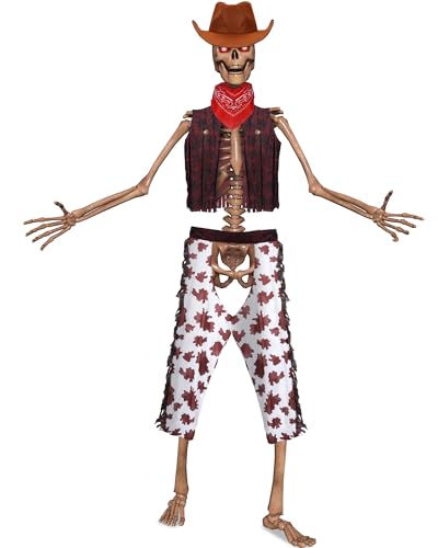 Cozypower 4 Pcs Halloween 12 ft Skeleton Clothes Accessories Western Cowboy Costume Outfit Set Includes Cowboy Hat, Red Bandana, Vest, Trousers for Halloween Festival Holiday Party Garden Lawn Decor