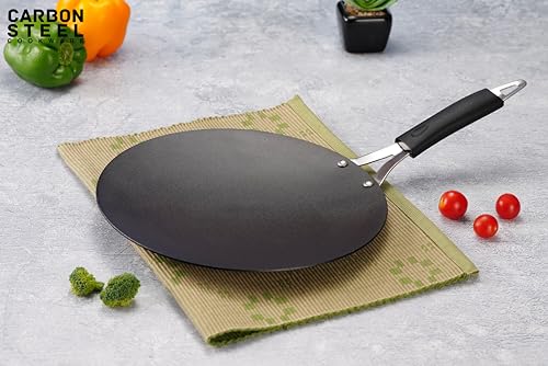 Comparison: Best Tawa For Roti And Paratha 11 Sumeet Super Smooth Pre Seasoned Carbon Steel (Iron) Concave Tawa for Roti, Chapati, Paratha, Chila |Naturally Nonstick |25cm, Gas & Induction-Friendly, Black, OICT10