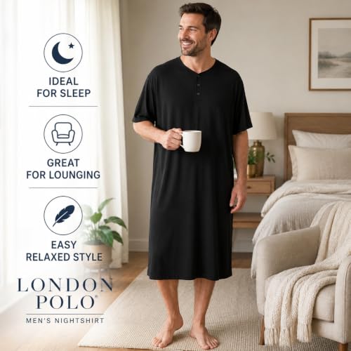 Image of Mens Nightshirt Short Sleeve Lounge, Sleep Shirt, Mens Nightshirt