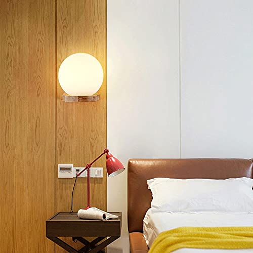 Aplique de pared de globo blanco con soporte de madera y cristal mate E27 4