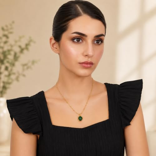 Image of Green Oval Stone pendant Necklace For Women Stylish | Anti Tarnish Waterproof Stainless Steel Chain Pendant Necklaces Jewelry for Love | Gold Plated Jewellery Accessories for Woman & Girls | Birthday Gift for Wife & Girlfriend