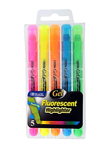 Set of 5 Gel Highlighters, Assorted Fluorescent Colors.