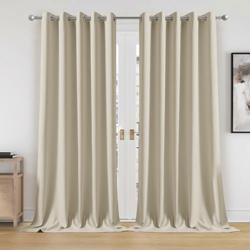 Image of Oxford Homeware Blackout Eyelet Curtains for Bedroom 90x90 Inch Cream Curtains for Bedroom Privacy Protection Extra Long Curtains 2 Panels with Matching Tiebacks