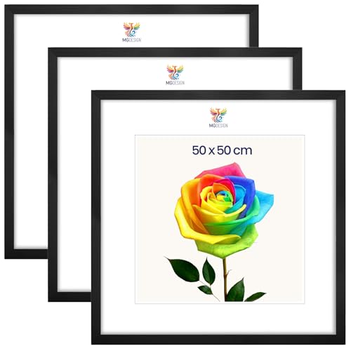 MG Design 3er Set Bilderrahmen 50 x 50 cm Posterrahmen mit Schwarz Echtholzrahmen und bruchsicherem Acrylglas Hoch & Quer mit stabiler Wandaufhängung