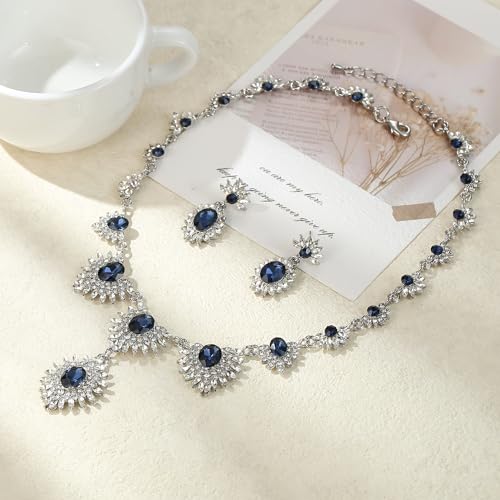 Conjunto de joyas de cristal azul marquesa con pendientes y collar de boda plateado 4
