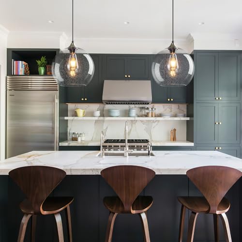Image of Clear Glass Pendant Lights Kitchen Island Lighting Globe Pendant Light Fixtures Modern Pendant Lighting for Kitchen Island Bedroom Living Dining Room Light Fixture(9.84in, 3-Pack)