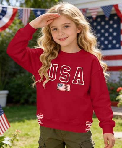 Image of Ithalt Kids USA Sweatshirt Boys Girls 4th of July Shirt American Patriotic Pullover with Embroidered Side Slits 5-14y