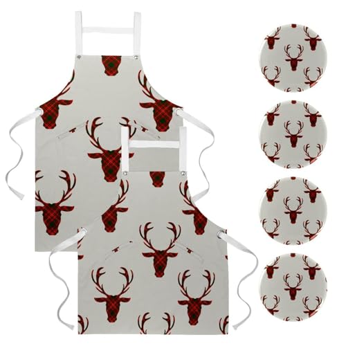 Lot de 2 tabliers de cuisine avec 4 broches motif renne en treillis