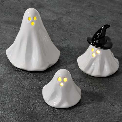 Halloween Ghost Decorations Indoor: Set of 3 Black White Light Up Ceramic Ghost Decor, Cute Halloween Decor Figurines with LED Tea Lights for Table Desk Mantel Home Office Farmhouse Girls Kids Party
