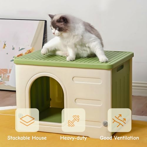 Plastic Cat House Indoor Outdoor, Waterproof Feral Cat Shelter with Mat, Escape Door, Sturdy Large Pet House for Cats, Puppy, Rabbit, Easy Assemble, Green - Image 5