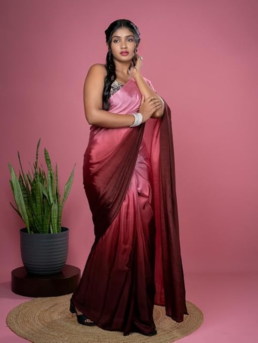 Ready to Wear Chiffon Ombre Sare for Women with Blouse Piece | 1 Minute Pre-Pleated Readymade Saree | Bollywood Style Pre-Draped Saree for Party, Wedding