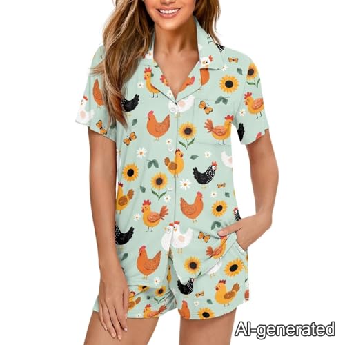 Image of Renewold Women's Short Sleeve Pajama Set Button Down Sleepwear with Notch Collar Soft Lounge Top and Shorts with Pockets