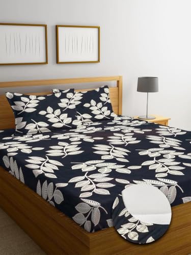 Image of Premium Cotton Fitted Bedsheet King Size 78 x 72 x 8 Inches with 2 Pillow Covers | 220 TC | All-Around Elastic Deep Pocket Bed Cover | Black Ivory Leaf