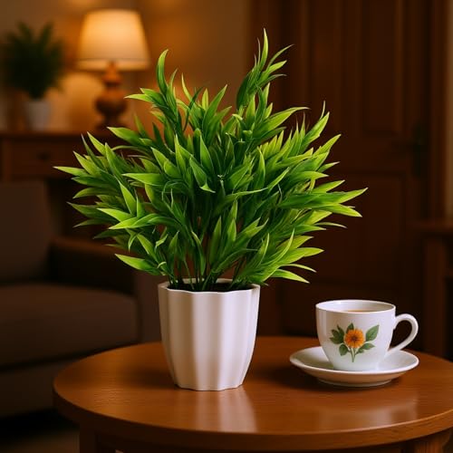 Image of fancymart Plastic Artificial Plant Bamboo Leaves Bunch in Pot - 32 cm Height | Elegant Home & Office Decor | Realistic Greenery for Indoor Decoration