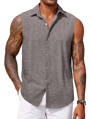 COOFANDY Mens Sleeveless Button Down Beach Shirts Casual Summer Tank Tops Collared Imitation Linen Tank Shirt