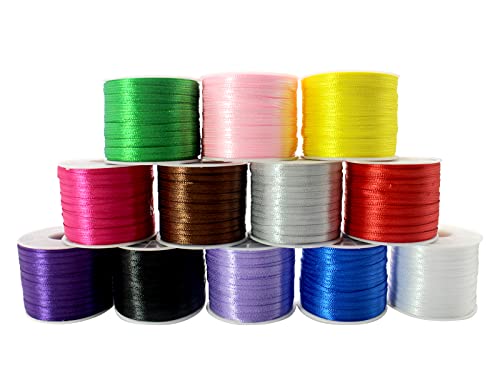 Assorted Solid Satin Polyester Ribbon 1/8 inch - 1200 Yards - 12 Colors - Wedding, Christmas, Special Occasions - Gift Wrapping, Crafts, Decoration (Satin Polyester Ribbon)