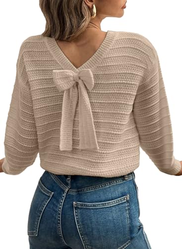 Image of EVALESS Sweaters for Women Long Sleeve Fall Outfits 2026 Back Bow Knot Sweaters Round Neck Solid Knit Pullover Tops