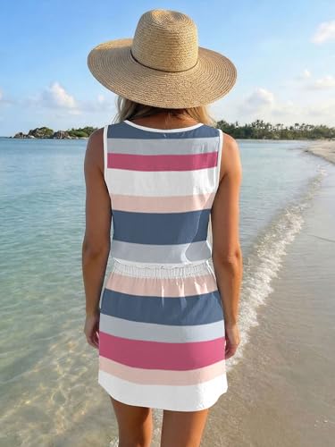 Image of SAUKOLE Womens Sleeveless T Shirt Dresses Casual Cute Floral Print Short Dress Summer Fashion Front Pockets