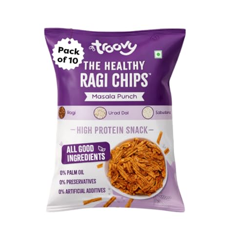 Image of Troovy Healthy Masala Ragi Chips | Tasty & High Protein Snacks | 30% Of Protein Needs | No Palm Oil, Cholesterol or Trans Fats | 70g (Pack of 10)