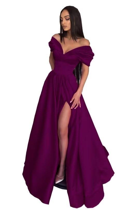 Off Shoulder Prom Dresses 2024 Long Satin Mermaid Formal Evening Party Gowns with Slit