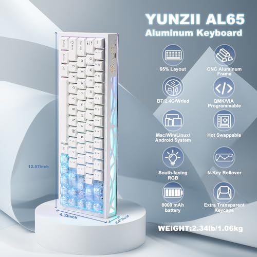 Image of YUNZII AL65 Wireless Mechanical Keyboard, Full Aluminum CNC,Support QMK /VIA Software Gasket Structure,60% Hot Swappable with RGB Backlit BT /2.4G /USB-C for Mac /Windows(White, Gateron Zero)