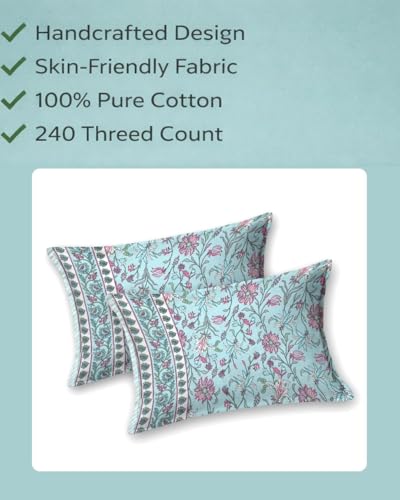 Image of ElanorHomes 180 TC Pure Cotton Pillow Covers Set of 2, Bedroom Pillows with Zip Closure, Soft Smooth Cool Breathable Pillowcases for Home (27x18 inch) (Aqua Glow)