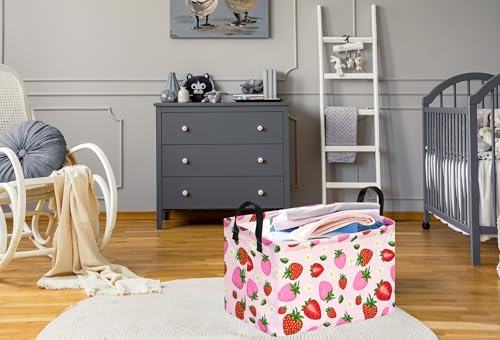 Image of Strawberry Print Storage Box Girls Gifts Basket Clothes Hamper Basket Collapsible Organizer Bin Gift Shelf Baskets for Home and Kitchen Storage.