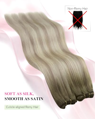 Image of YoungSee Weft Hair Extensions 20 Inch Ash Blonde Balayage Platinum Blonde Human Hair Extensions Sew in, Custom Fit for Specific Head Shape, Heat Styable Human Hair Weft Extensions 1 Piece 100g