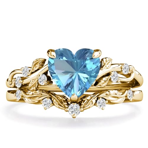 2CT Heart Shaped Gemstone Silver 10K 14K 18K Gold Ring Sets for Women, Heart Birthstone Engagement Promise Rings Luxury Jewelry Gifts for Her for Anniversary Valentine's Day