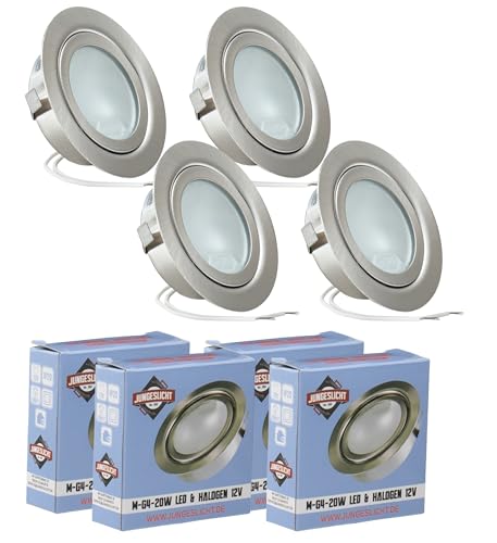 JungesLicht - Möbeleinbauleuchte 12V G4 20W, Bohrloch 55-60mm passend, Tiefe 23mm, Außen 73mm, gebürstet, (Halogen Leuchtmittel inklusive, LED geeignet), dimmbar, Möbelleuchte, Spiegelleuchte, 4 Stück