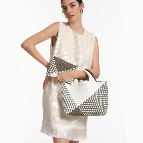 Image of Woven Bag for Women, Neoprene Tote Bag Summer Beach Handbag Purse Retro Handmade Travel Shoulder Bag Set