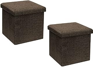 Bonlife Pack of 2 Ottoman Storage Boxes with Lid Footstools and Pouffes Brown Small Toy Box Chest Bedroom Shoe Folding Ottoman with Seat 30cm
