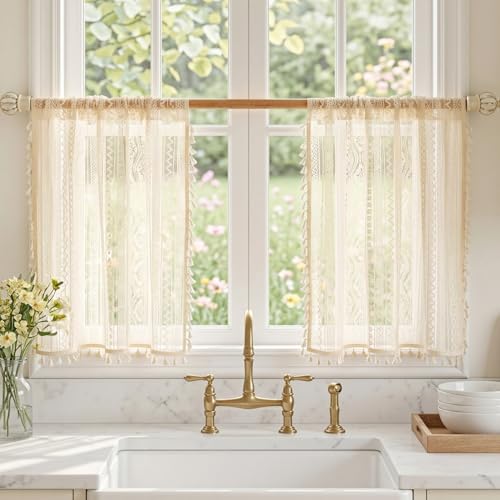 Image of MYSKY HOME Beige Lace Tier Curtains 36 Inch Length 2 Panels Kitchen Cafe Sheer Short Boho Half Country Rod Pocket Curtains for Small Windows Basement Bathroom, 34 inch Wide Each Panel