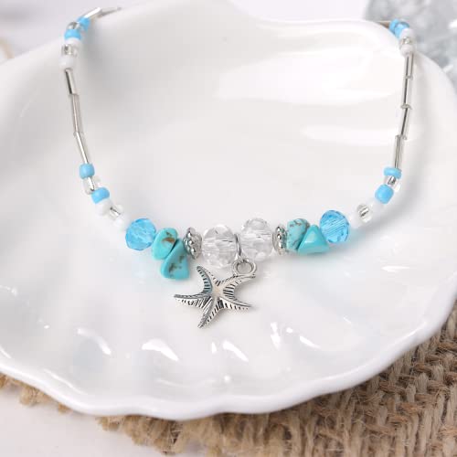 Jeanbeau Boho Beach Anklets For Women Teen Girls – Layered Surfer Wave Adjustable Ankle Bracelets Silver Fishstar Leaf Lifetree Dangling, Turiquoise Nature Stone Beads Waterproof Bohemian Summer Foot Jewelry #TOP4