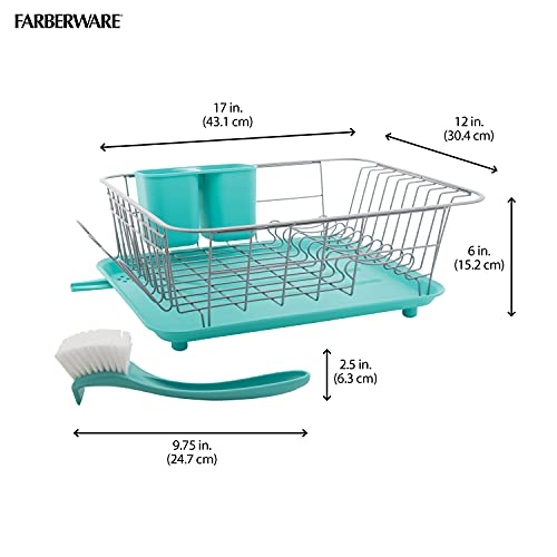 Image of Farberware Compact Dish Drying Rack with Drainboard, Flatware Caddy and Sink Brush, Teal - Holds 9 Plates, Fits Small Kitchens, Apartments and Dorms
