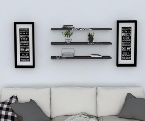 Image of Aries Wooden Floating Wall Shelf| Wall Rack Shelf | Wall Mount for Living Room, Bedroom, Kitchen (Set of 3 Black, XX-Large (24inches))