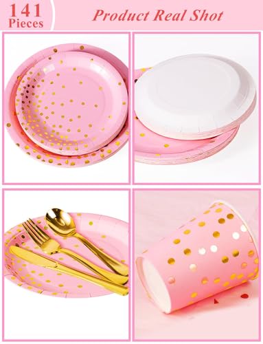 Image of Nkaiso 141Pcs Pink Gold Paper Plates and Napkins Party Supplies-20 Guests