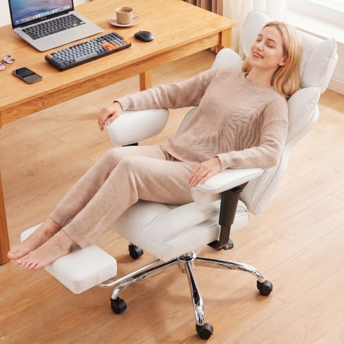 Image of DUMOS Big and Tall Home Office Desk Chair, Executive Chair with Footrest | PU Leather, Ergonomic Comfy Lumbar Support, High Back Reclining, Adjustable Armrests, White