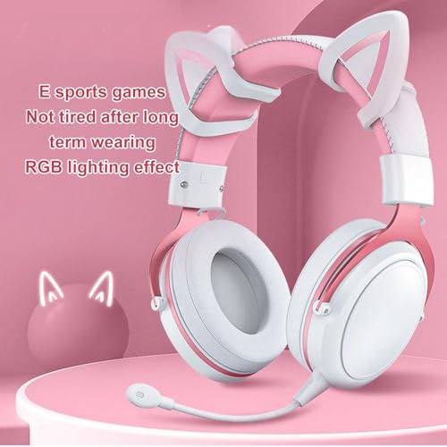 Image of Denash Cat Ear Headphones, Wired RGB Gaming Headset with Mic, Luminous Noise Reduction Over Ear Cute Headphones for Gamers (White Pink with Cat Ears Decor)