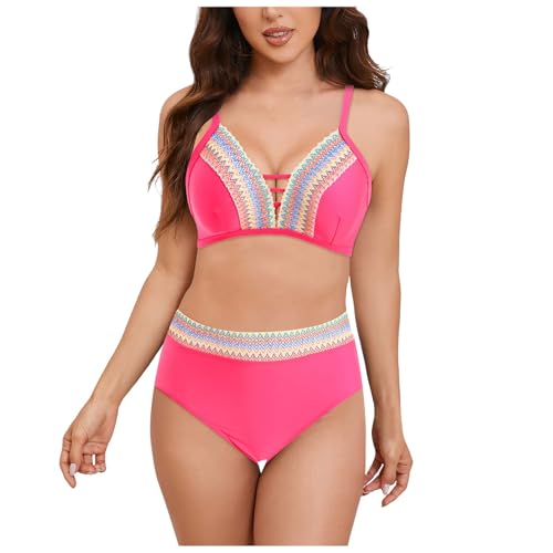 Conjunto de bikini de cintura alta para mujer, bañador calado con cuello en V, traje de baño de dos piezas con bloques de colores, bañador corto para mujer de 1 pieza, rosa fuerte, XL
