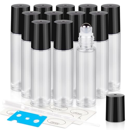 ZEJIA 10ml Essential Oil Roller Bottles, 12 Pack Clear Thick Glass Bottles with Stainless Steel Roller Balls and 2 Droppers