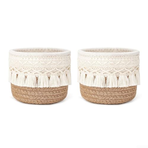 Lot de 2 paniers de rangement ronds en corde de coton tissé avec pompons pour pinceaux de maquillage, organisateur de bureau pour coiffeuse, salle de bain ou coiffeuse...