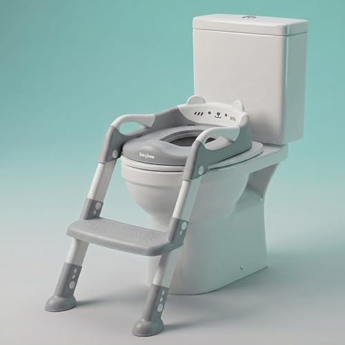 Image of Baybee Aura Pro Baby Ladder Potty Training Seat for Kids | Foldable Baby Western Toilet Seat with Adjustable Height, Grip Handle & Backrest | Potty Training Seat Chair for Kids 1 to 8 Years (Grey)
