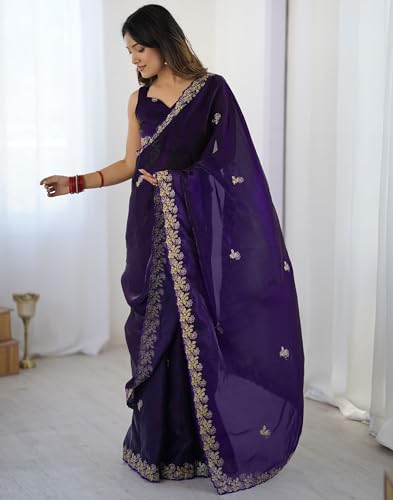 Image of SIRIL Women's Tissue Silk Sequence Embroidery Saree with Unstitched Blouse Piece