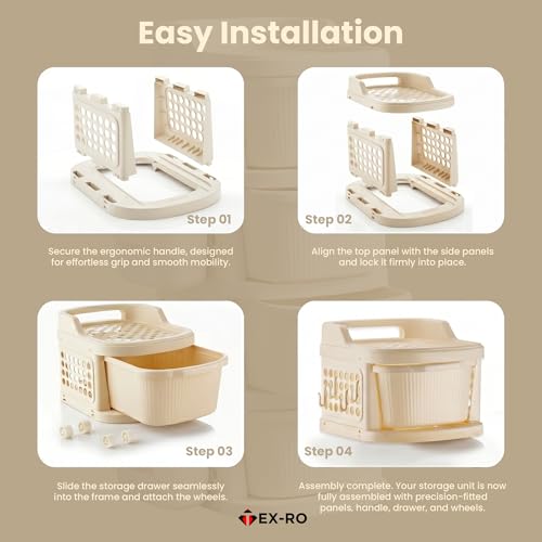 Image of TEX-RO 4 Layer Plastic Drawer Cabinet with Wheels & Side Hooks | Stackable Storage Trolley Organiser for Kitchen, Bedroom, Bathroom | Multipurpose Drawers Organisers Rack with Basket - Ivory