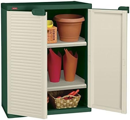 Keter Space Winner – Outdoor Wardrobe Organiser Low Cupboard with 2 Shelves 68 x 38 x 85 cm Green and Beige