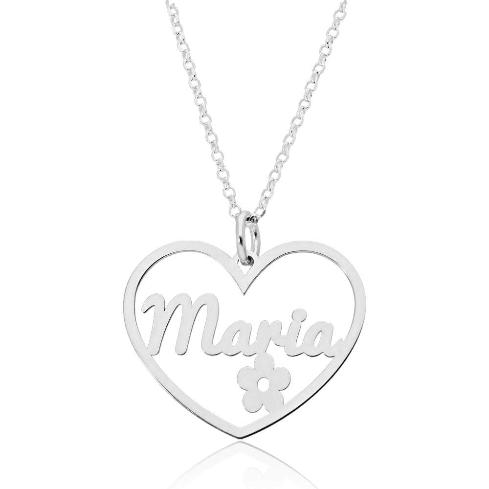 doble aro doble aro - Collar con Nombre Personalizado en Plata de Ley - Nombre Juvenil Ideal para Regalo de Comuniones, Cumpleaños... - Largo de 45cm + Alargador (Modelo Corazón)